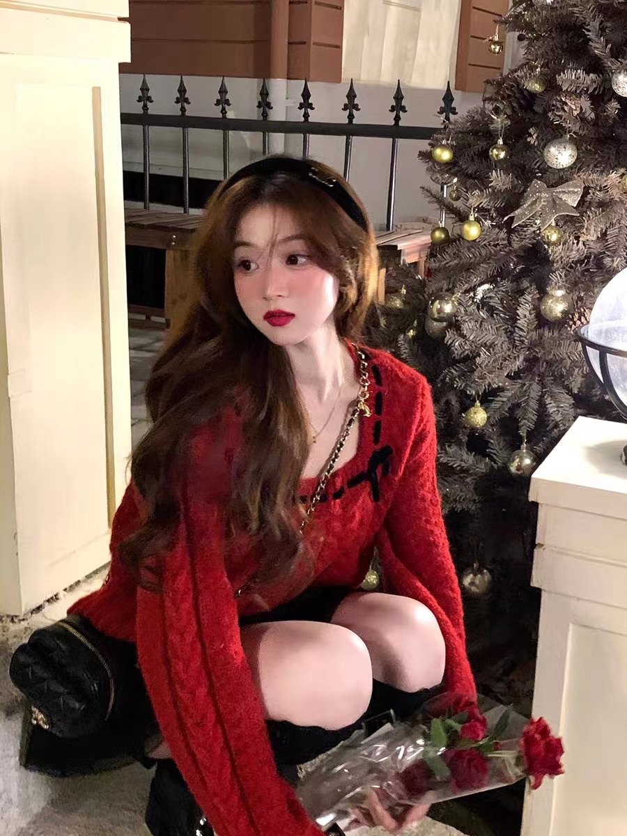 Q女家 莓果松撻紅色編織麻花紅色毛衣新年2023新款女秋