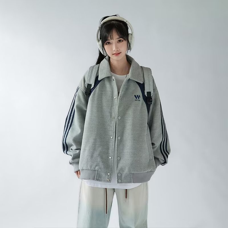 American retro burgundy three-stripe loose jacket baseball uniform women's short college style jacket spring and autumn trend