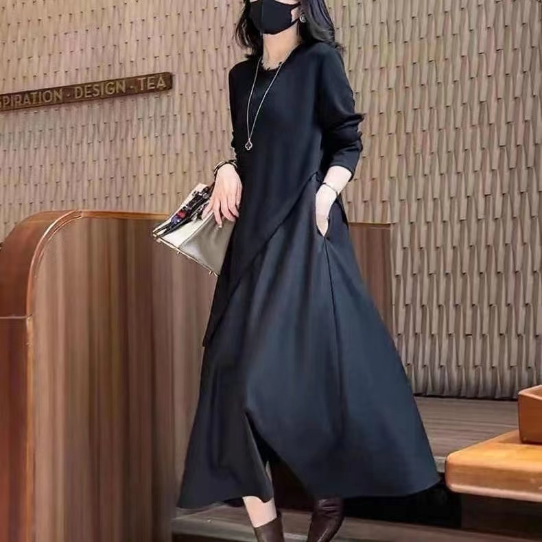 純黑色法式顯瘦長袖拼接假兩件連衣裙女秋季新款圓領不規則設計感