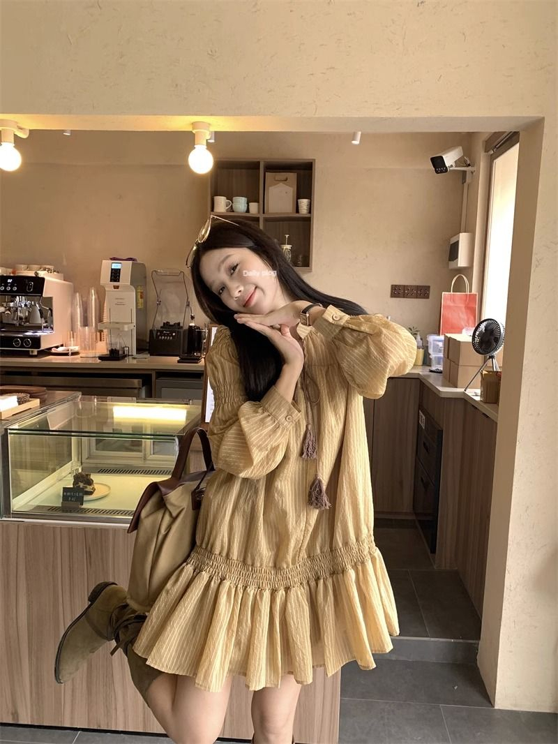 設計感時尚系帶長袖連衣裙寬鬆短款皮衣馬甲女秋季新款2023兩件套