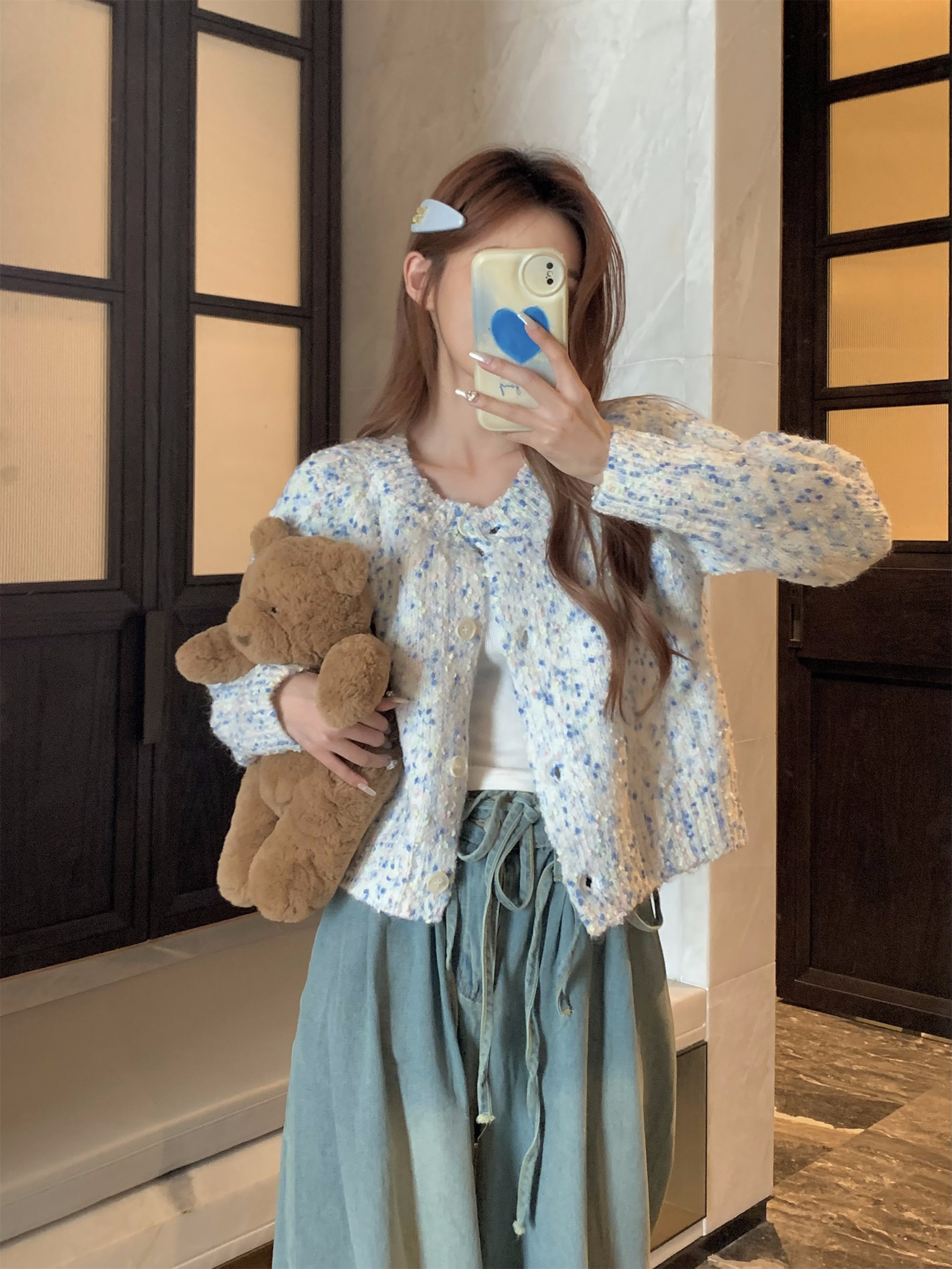 Actual shot ~ Korean style loose knitted short variegated sweater + denim floor mopping pants