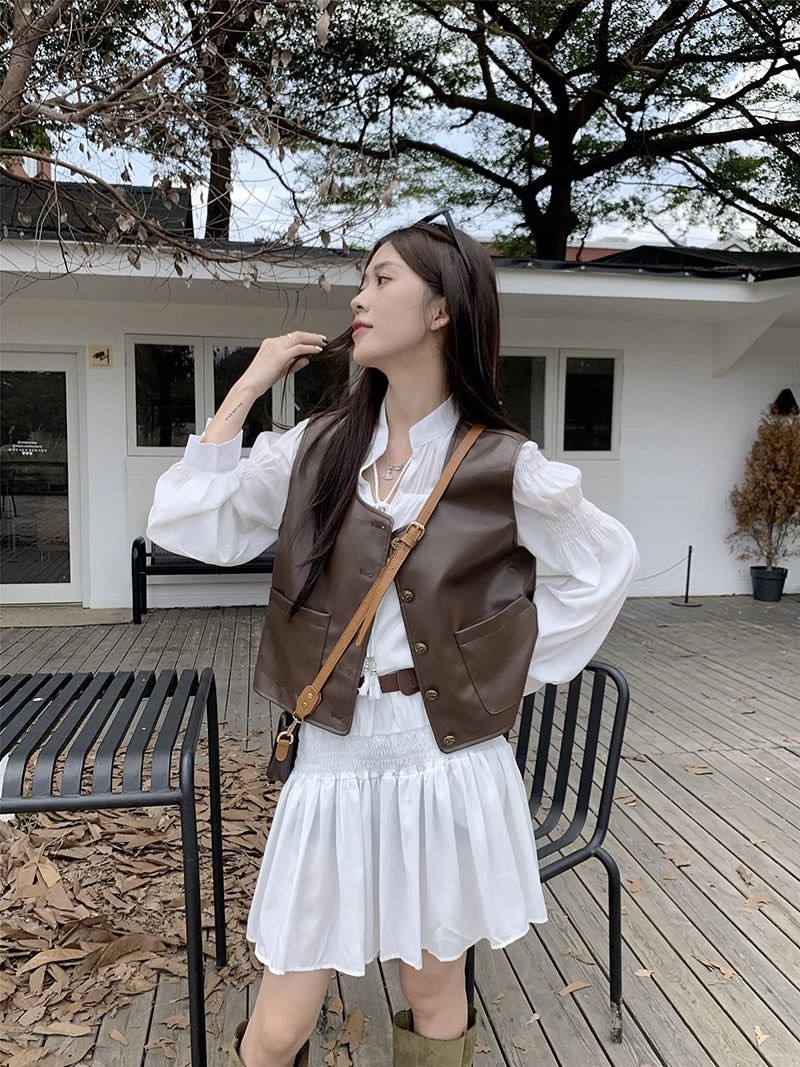 早秋韓系2023新款時尚顯瘦長袖連衣裙+寬鬆pu皮背心馬甲兩件套女