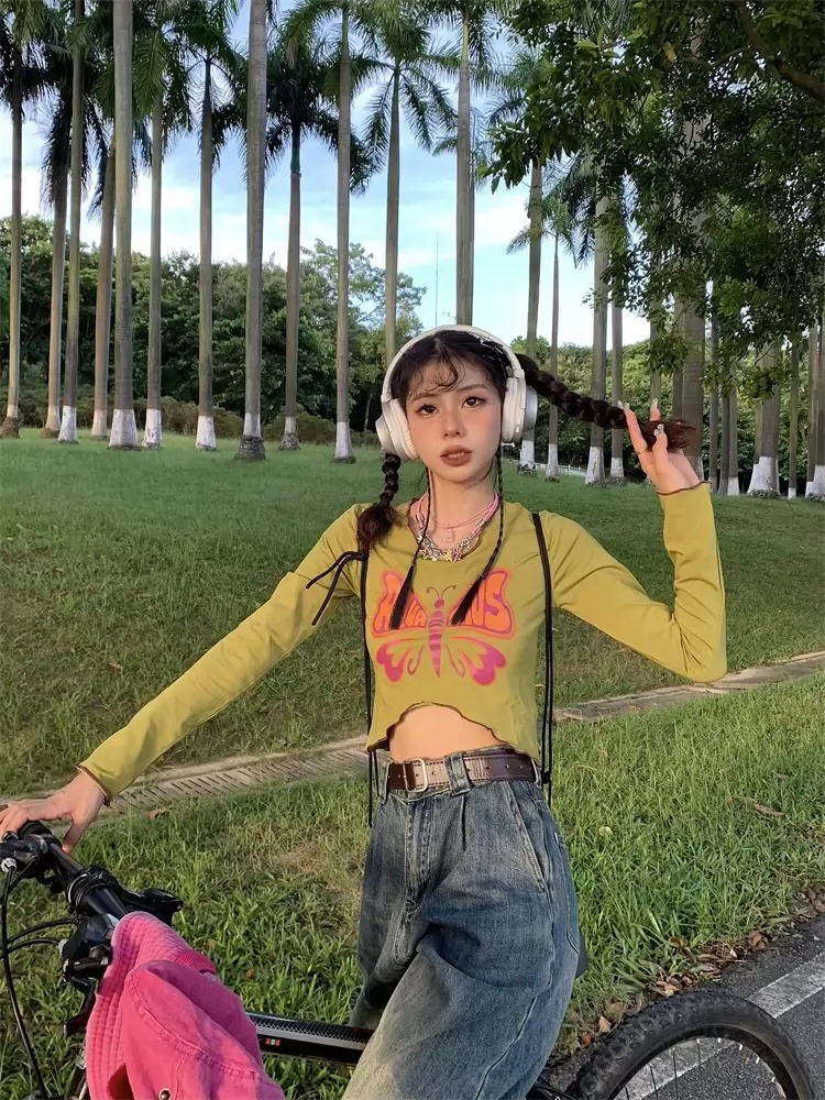 千禧甜酷abg辣妹小眾短袖T恤女2023春秋修身多巴胺上衣