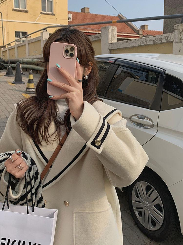 Navy collar woolen coat 2023 winter new style lapel college style loose casual versatile woolen coat for women
