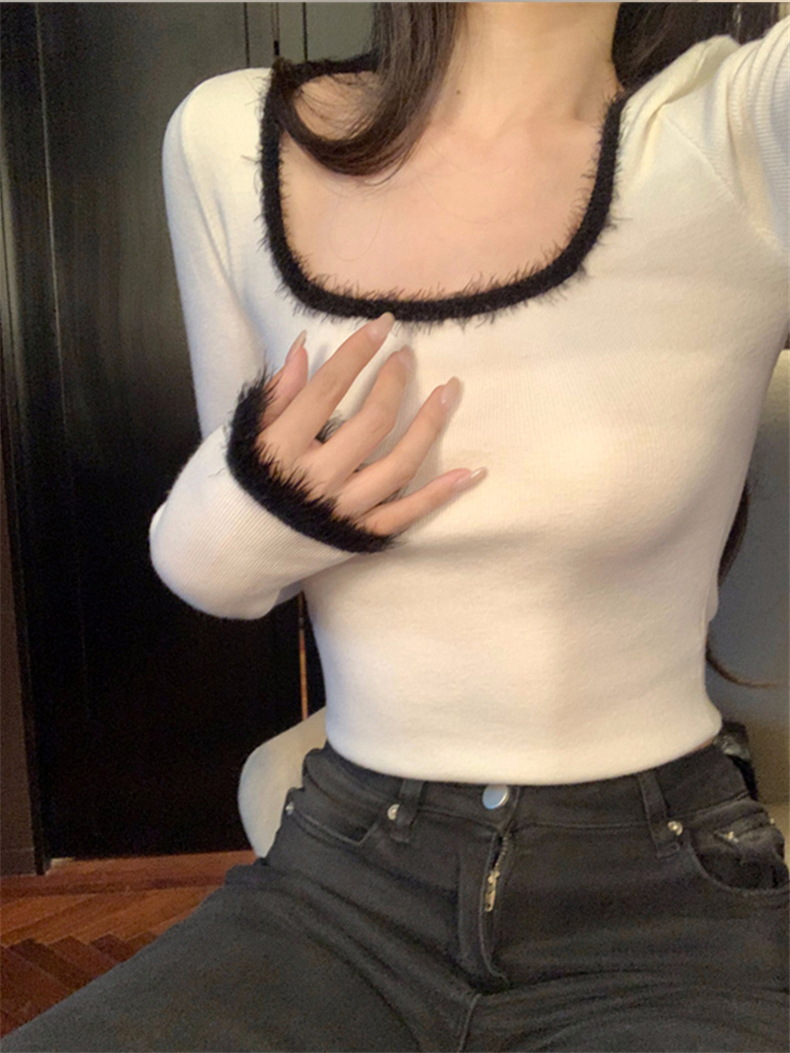 ~ Feather yarn tassel splicing square neck bottoming sweater for women with sweet and spicy inner long-sleeved top