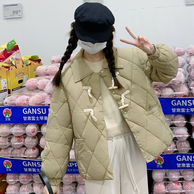 Korean down-padded jacket for women, diamond-shaped short style 2023 new loose horn button cotton-padded jacket
