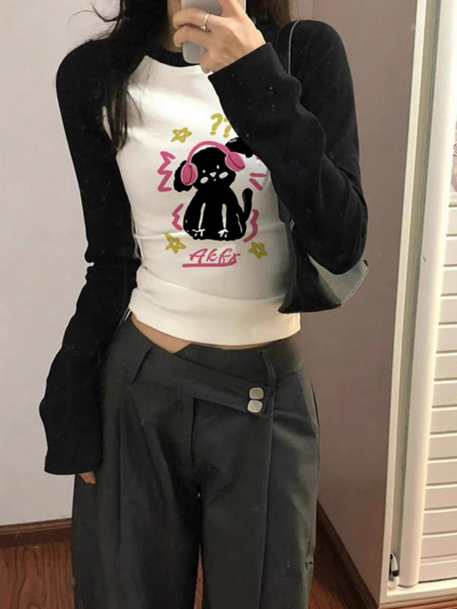 美式插肩撞色長袖t恤女秋季正肩短款辣妹設計感小眾修身打底上衣