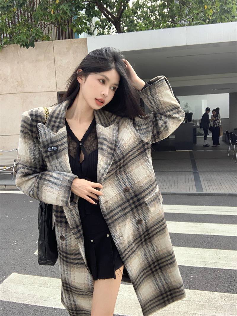 實拍 復古格子毛呢外套新款英倫風韓劇女主長款大衣