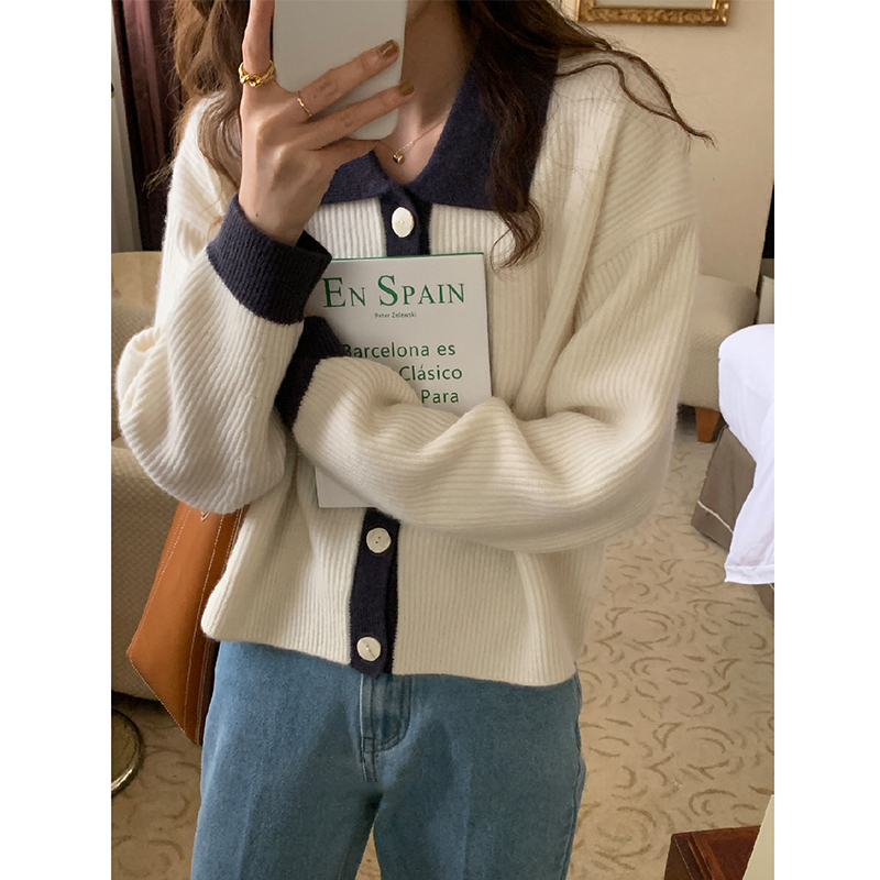 復古翻領撞色加厚針織開衫女短款長袖慵懶寬鬆polo領毛衣外套