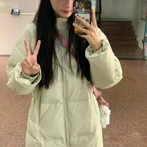 Korean style chic small fresh matcha green coat for women winter new thickened and warm little person long knee-length cotton coat