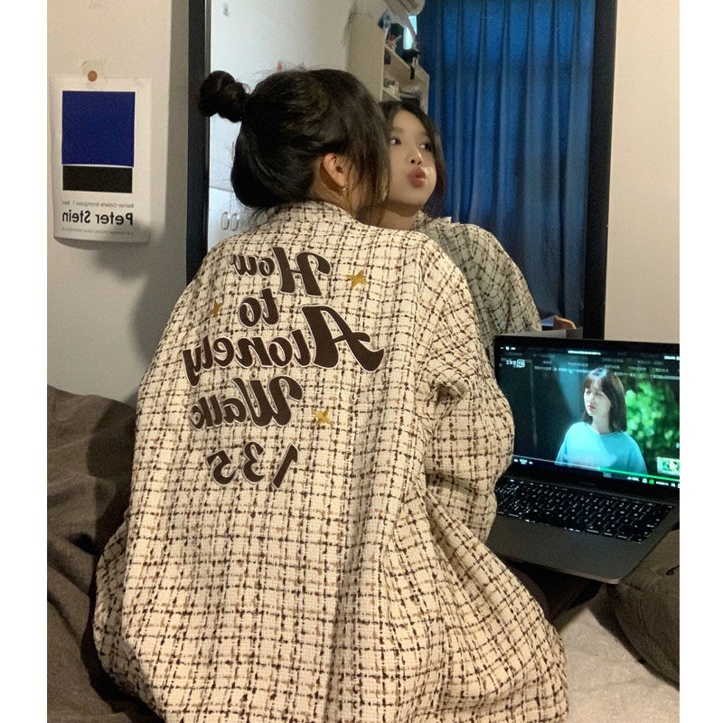 原版面料加絨加厚小香風刺繡格子春秋短外套設計感小眾長袖上衣