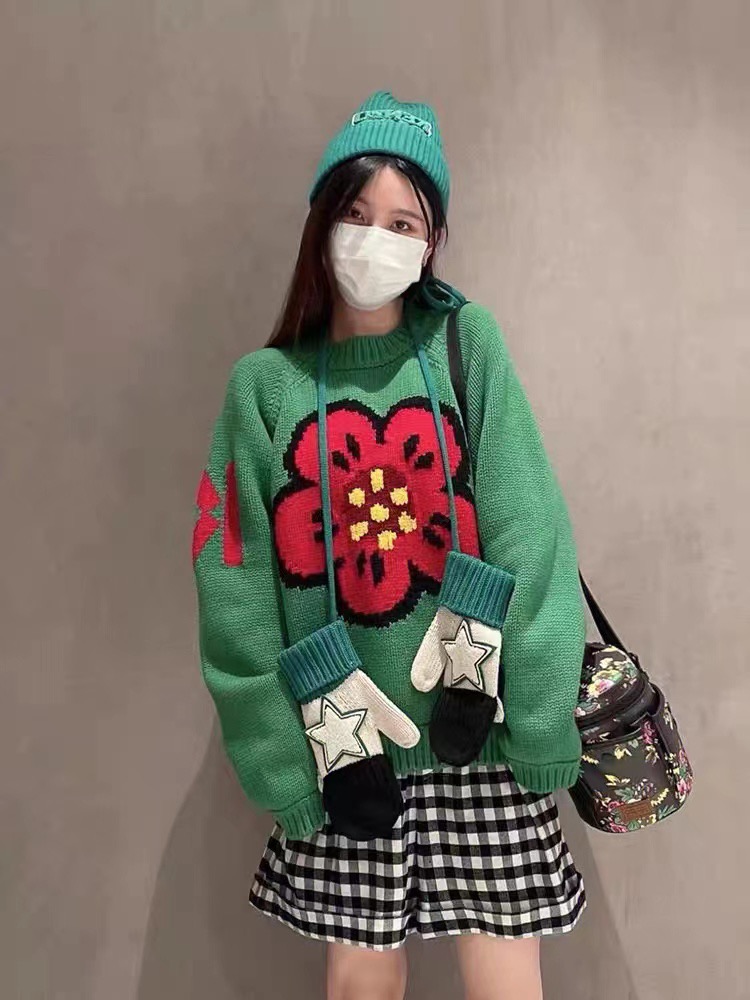綠色炸街寬鬆提花中長款森系毛衣女加厚套頭聖誕時尚減齡針織衫潮