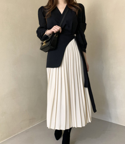 Hepburn style niche high-end side pleated splicing belt slimming dress long skirt for women