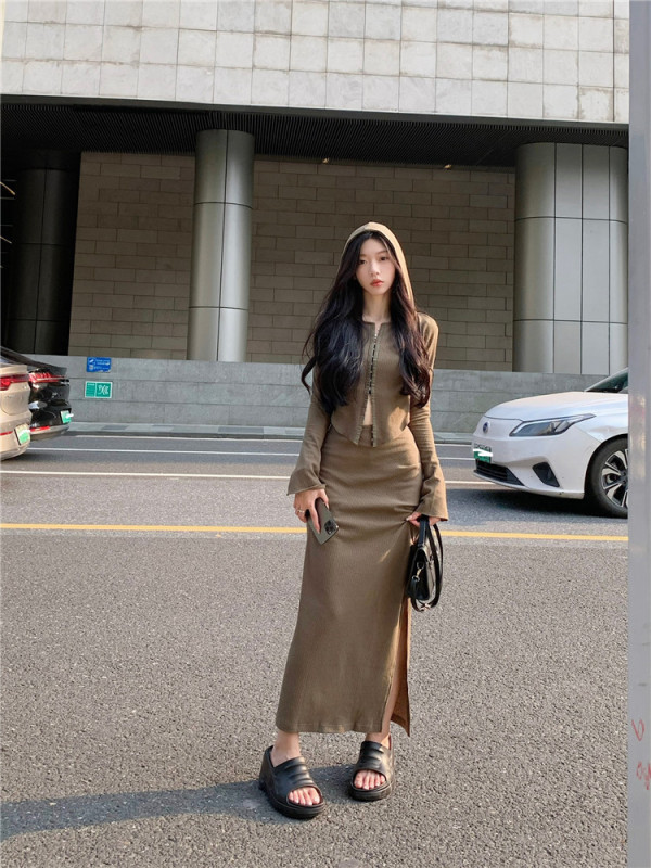 實拍~連帽上衣高腰半身裙辣妹套裝女秋裝搭配一整套