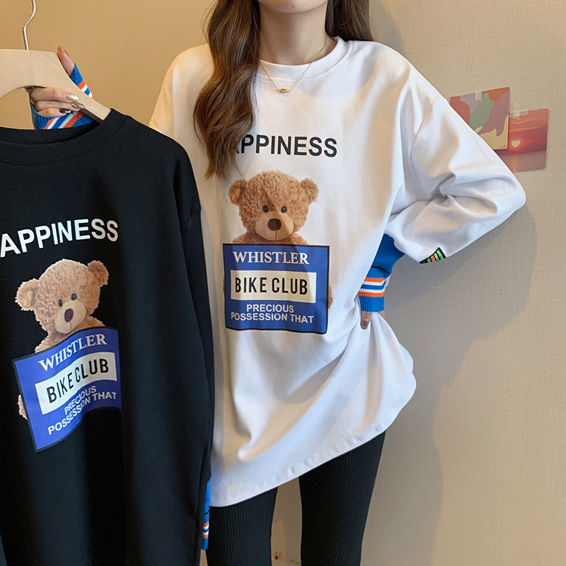 實拍#雙面德絨打底衫女秋冬假兩件圓領趣味印花潮長袖t恤保暖上衣