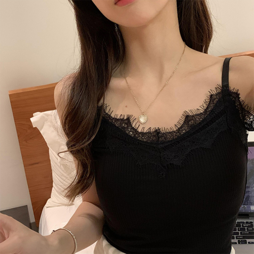 Real shot of winter lace shoulder straps threaded cotton vest for women plus velvet thickened bottoming shirt with warm top inside