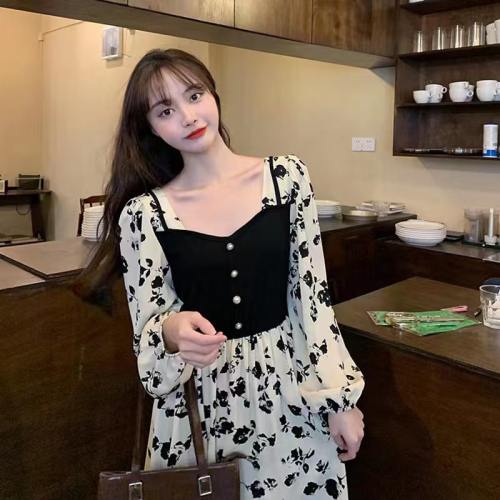  sweet age-reducing girl’s fashionable fake two-piece floral skirt square neck long sleeve waist slimming a-line mid-length skirt