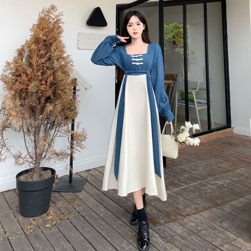 原版面料甜美撞色復古連衣裙新中式漢服氣質高腰顯瘦日常裙子女