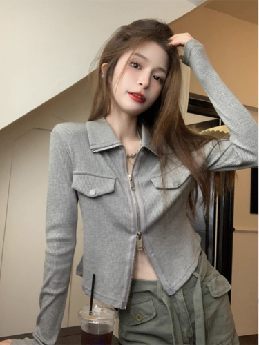 Double zipper long-sleeved T-shirt for women in autumn new slim fit casual fashion bottoming POLO shirt