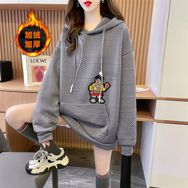 實拍 冬季新款韓版寬鬆420克複合提花加絨連帽大碼加絨衛衣女