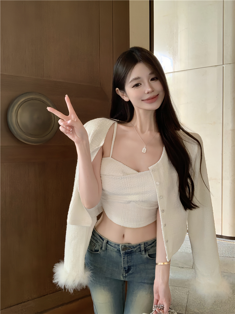 實拍 氣質名媛套裝小香風開衫外套女秋季性感抹胸背心兩件套