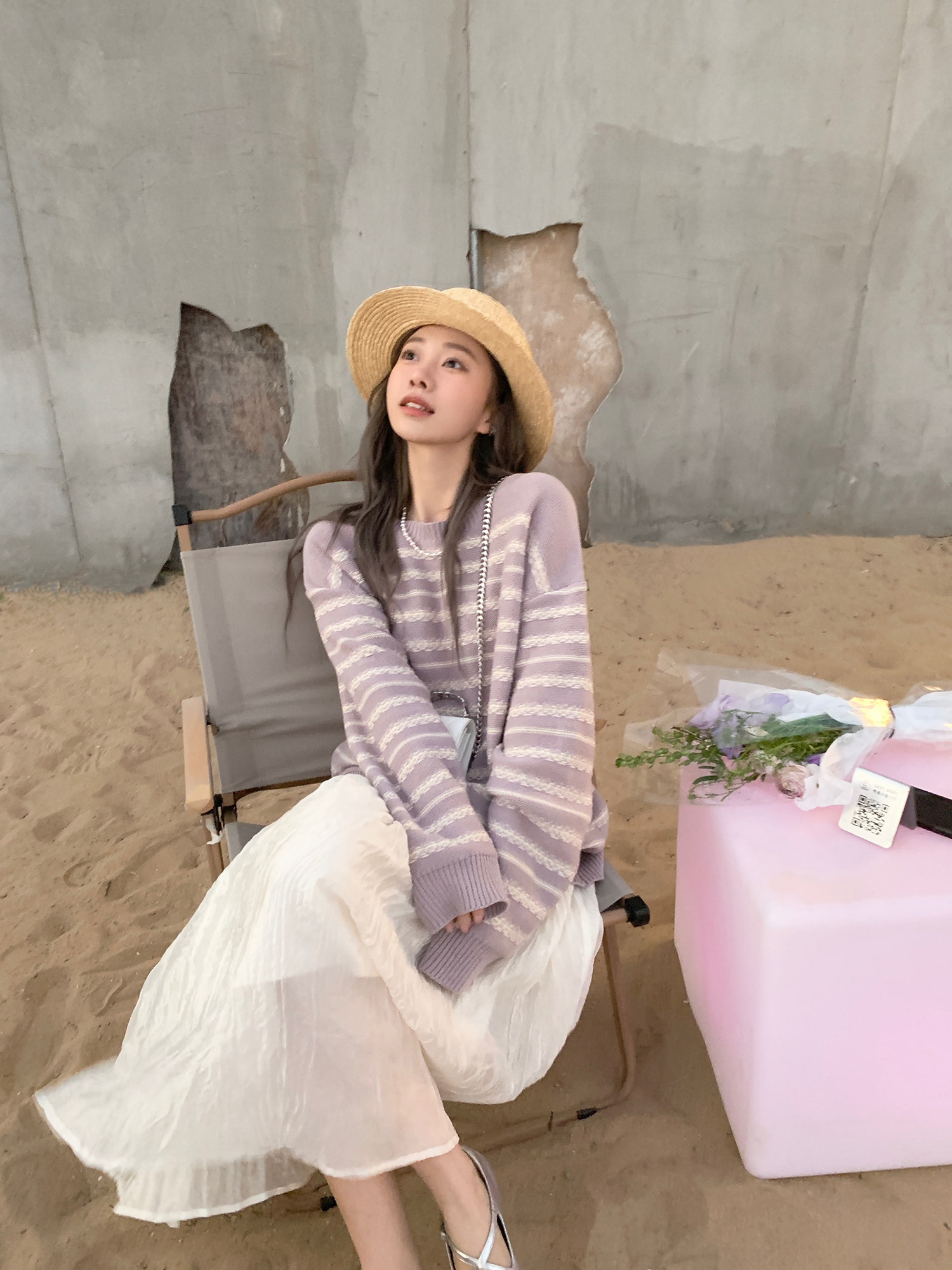 一字領親膚慵懶毛衣女條紋針織好別致春款