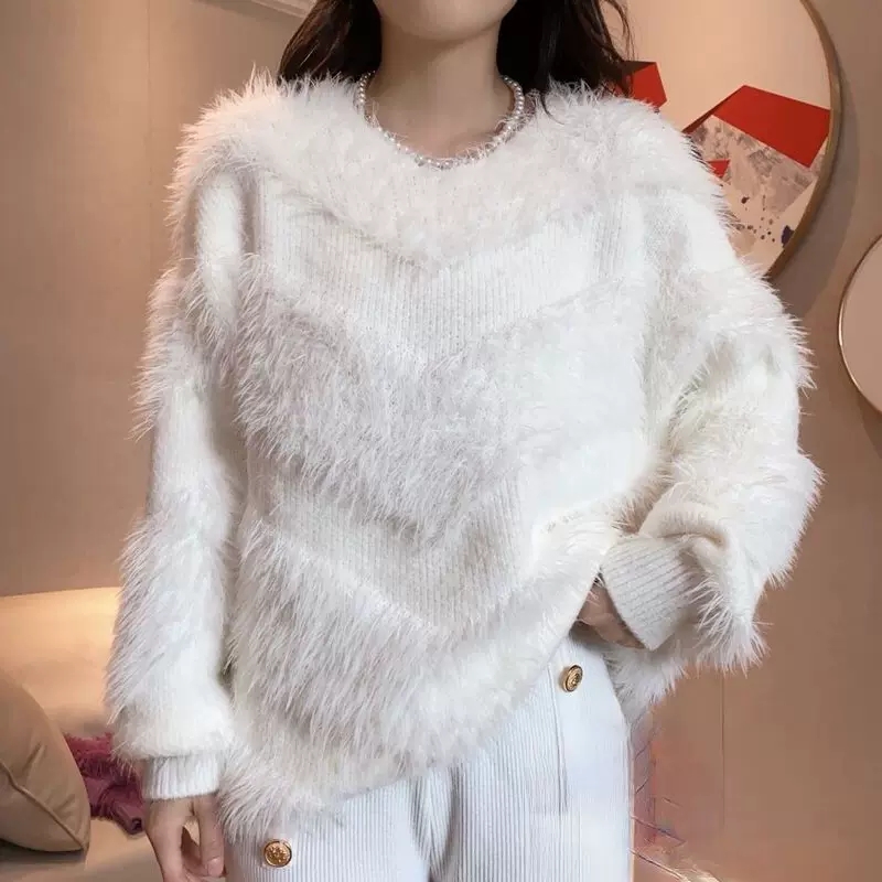 廠家16色訂單可接仿水貂拼接毛衣女氣質百搭圓領加厚套頭上衣
