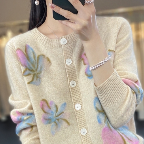 New Autumn and Winter 100% Pure Cashmere Cardigan Women's Round Neck Color Block Outer Sweater Loose Lazy Wool Knitted Jacket