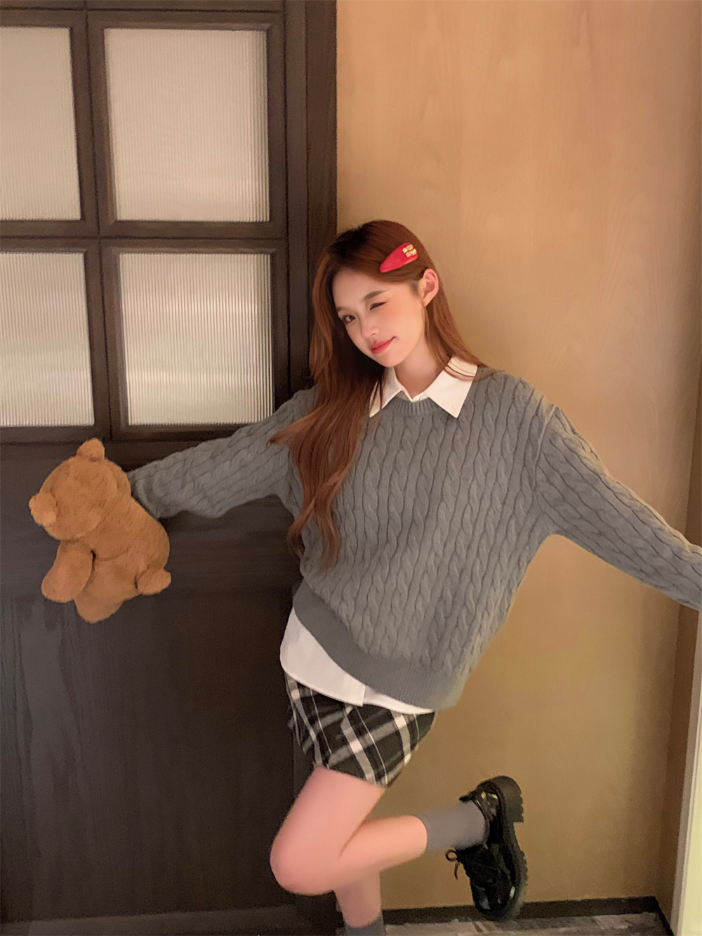 Real shot ~ Korean style small fresh twist round neck pullover sweater + plaid skirt two-piece set for women