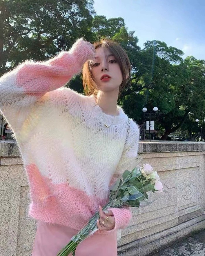 Spring and autumn new style hollow mohair long-sleeved sweater for women, loose and sweet rainbow gradient color pullover sweater top
