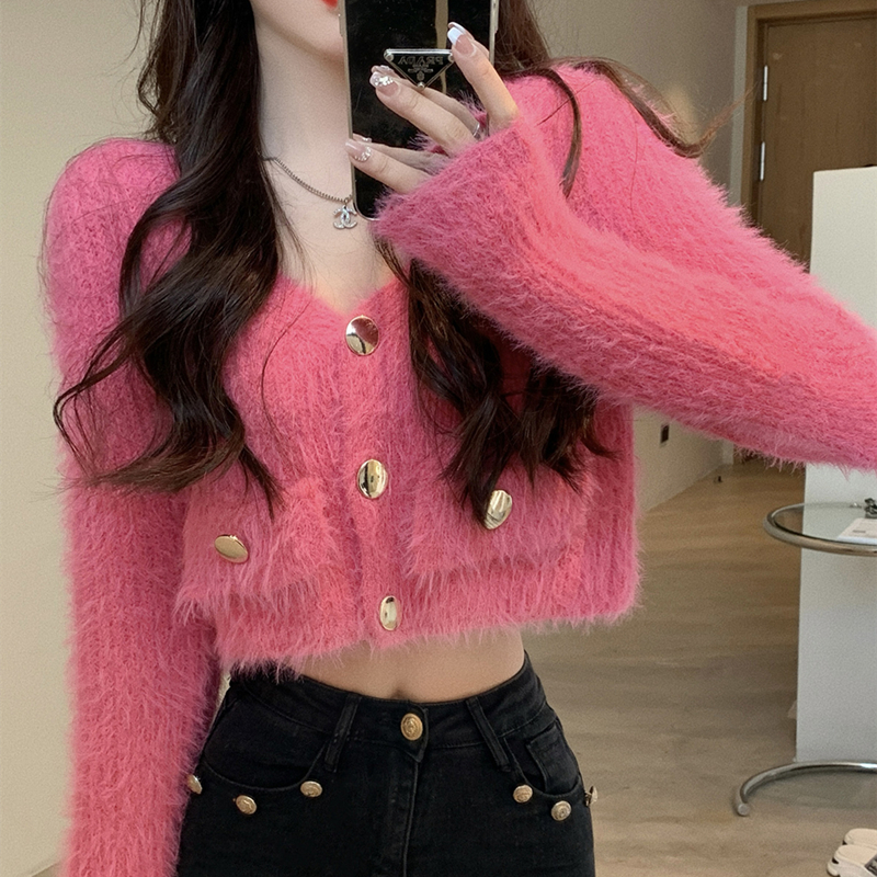 JustQin Little Sweater King is fashionable and explosive short sweater cardigan autumn and winter imitation mink velvet top