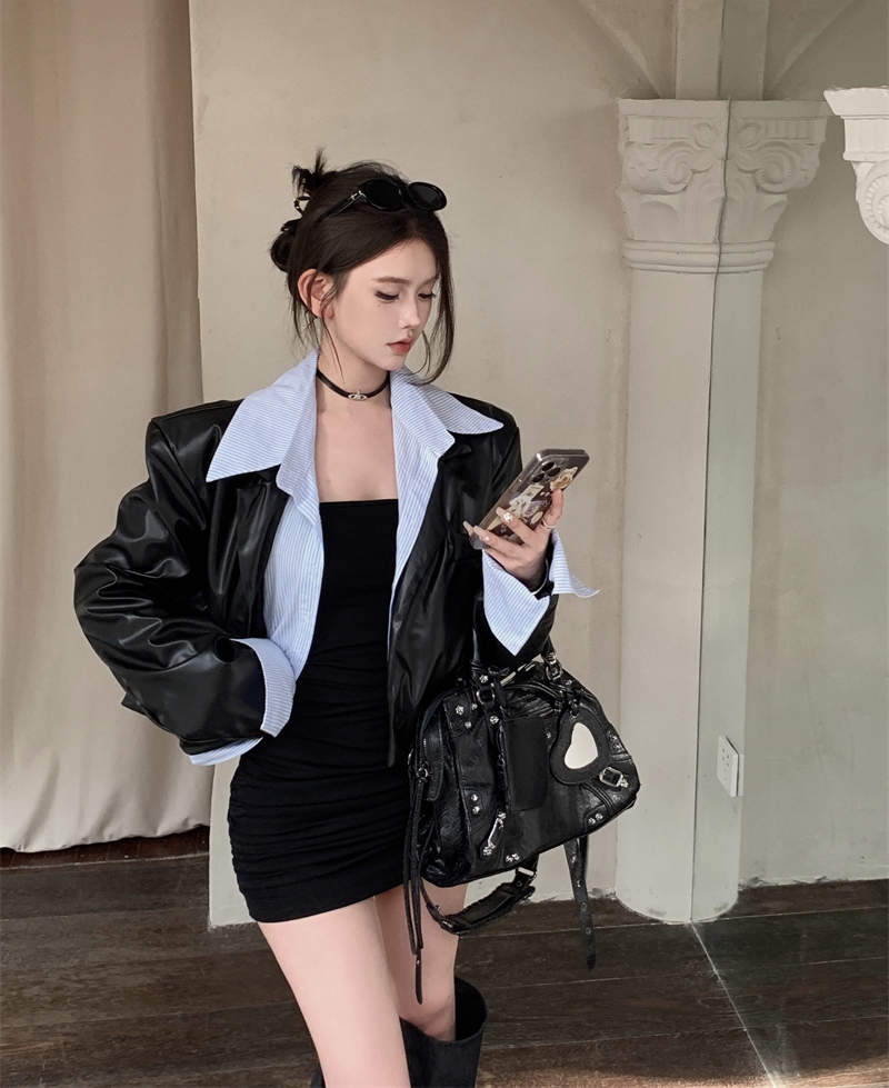 Actual shot of designer niche short fake two-piece spliced ​​striped shirt PU leather small suit jacket leather jacket