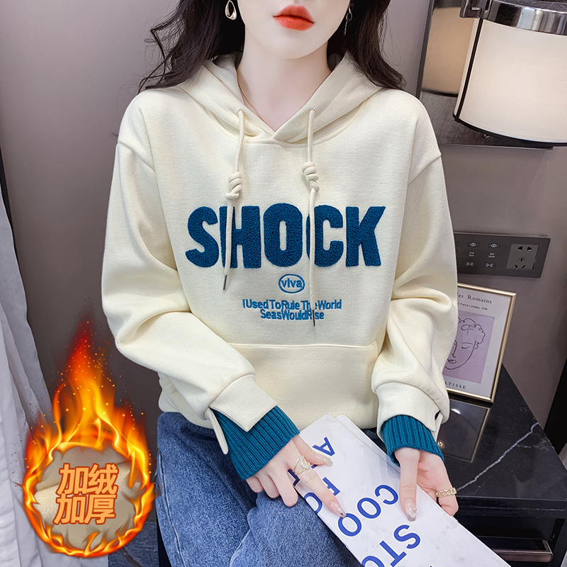 2023冬季新款衛衣女寬鬆刺繡連帽oversize加絨上衣美式慵懶風帽衫