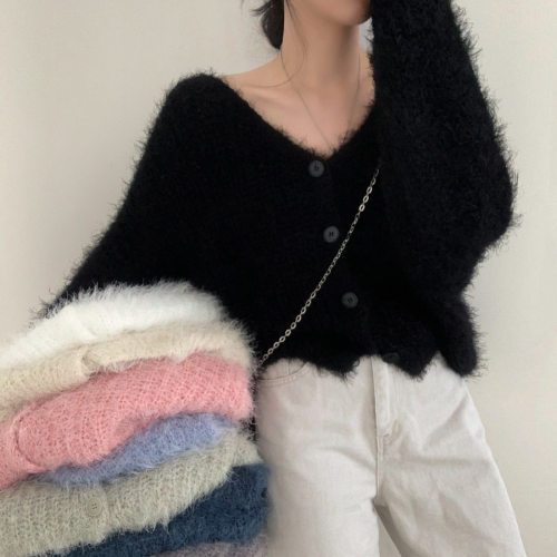 韩国chic慵懒V领毛衣外套仿貂毛长袖针织开衫女