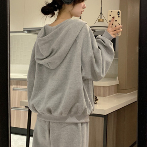 Gray V-neck sweatshirt suit for women, spring and autumn, Korean version, loose, fashionable, age-reducing, casual sportswear two-piece set