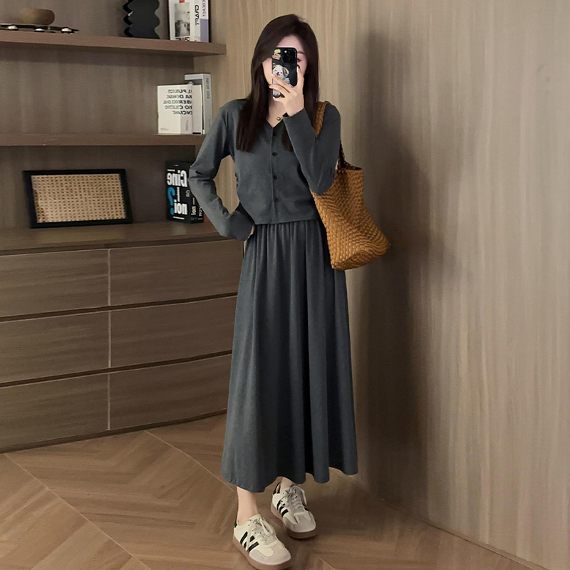 Hepburn style black long-sleeved dress for women 2023 new early autumn outfit with a complete set of high-end long skirts