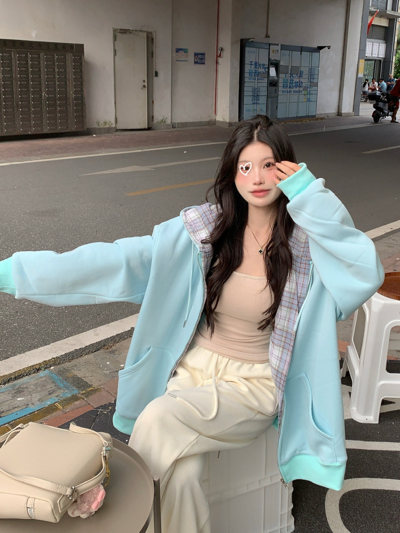 實拍  百搭加絨連帽衛衣女春秋款拉鏈寬鬆加厚慵懶外套