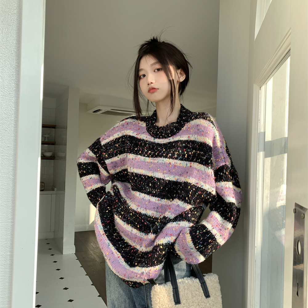 2023秋冬新款美式復古設計感條紋慵懶風寬鬆外搭針織衫毛衣女