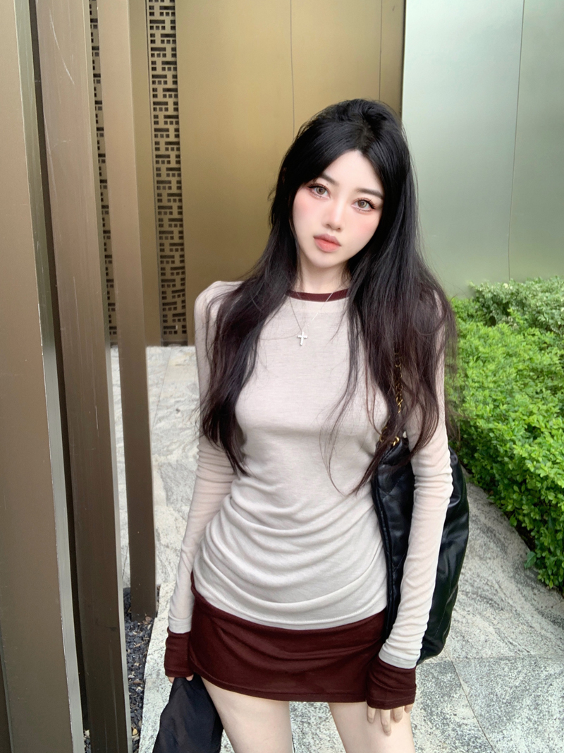 實拍 純欲性感辣妹風拼色假兩件褶皺修身百搭顯瘦長袖T恤