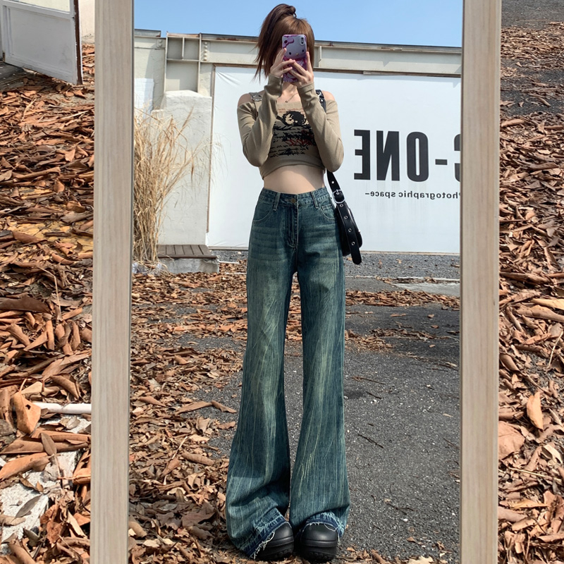 實拍 YKK美式高腰顯瘦辣妹馬蹄褲復古設計感牛仔毛邊褲腳喇叭褲