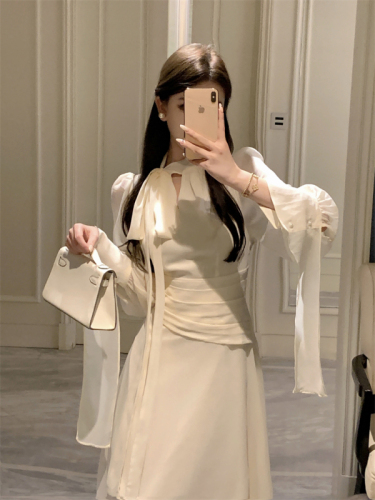 Actual shot of French high-end dress, white gentle style lace-up design, irregular hem long skirt