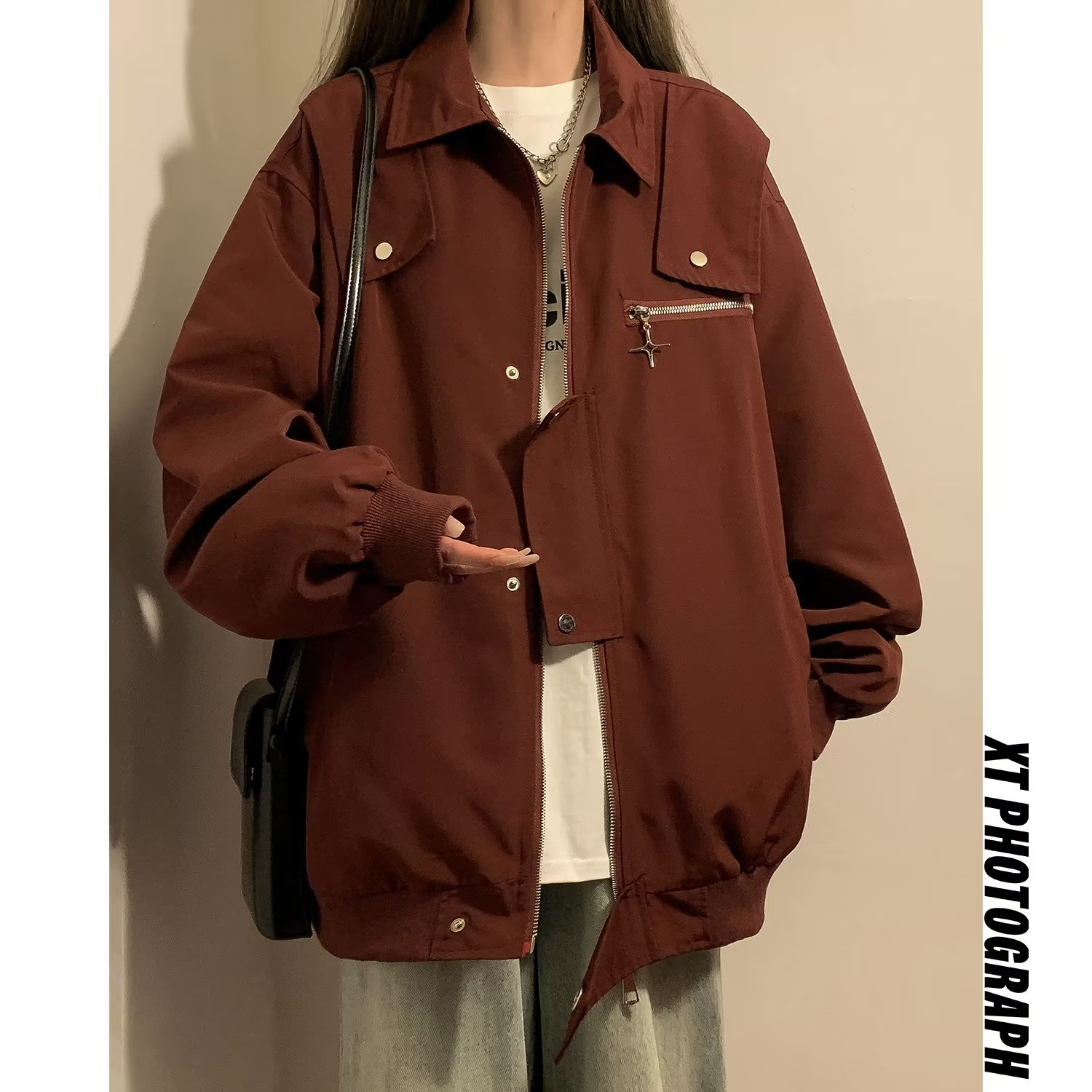 Cardigan zipper Maillard coat women's autumn high-end vibe Hong Kong style retro loose workwear jacket trendy top