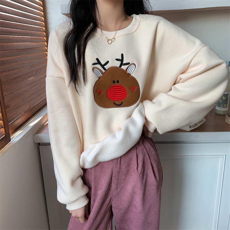 實拍加絨衛衣寬鬆韓版慵懶風聖誕節喜慶可愛卡通少女顯白刺繡