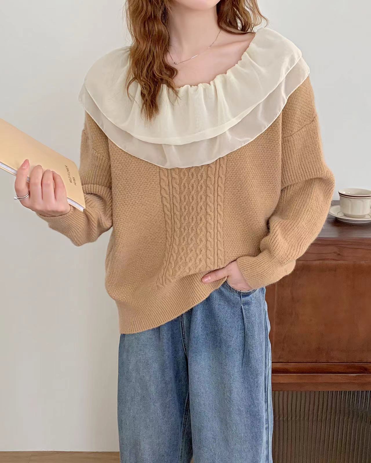Korean style modern splicing lotus khaki sweater for women in spring and autumn retro lazy style pullover long-sleeved sweater