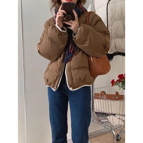 Korean style petite chic thickened round neck cotton coat for women winter new slim and versatile loose khaki bread coat