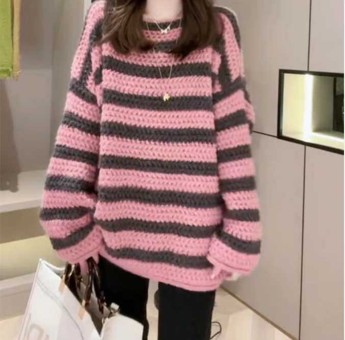 秋冬裝新款大碼女裝胖MM歐貨慵懶風一字領條紋毛衣加厚針織衫