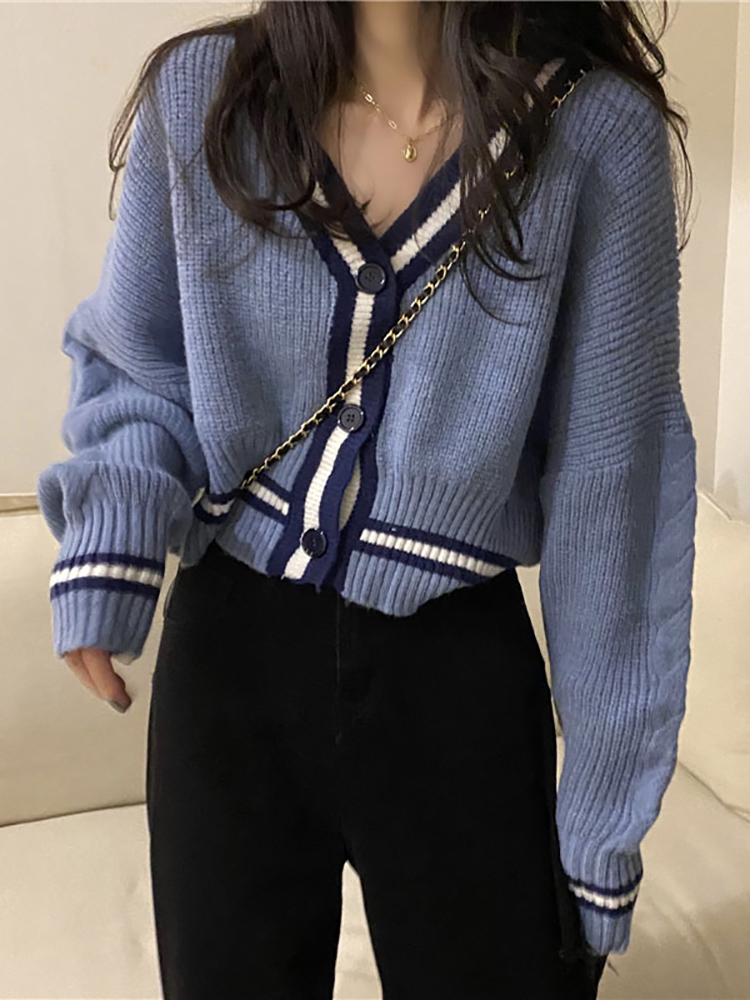 毛衣女秋冬復古日系慵懶風寬鬆外穿v領長袖針織開衫外套短款上衣