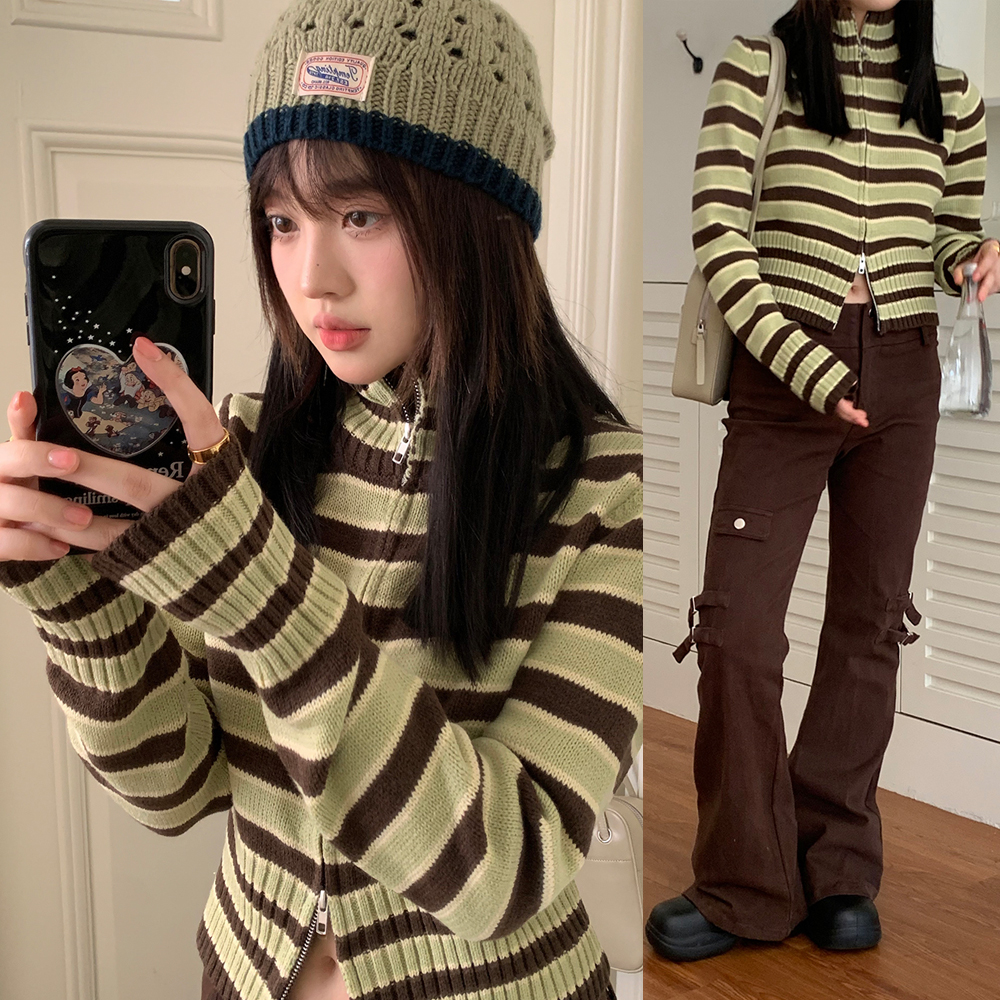 實拍 美式少女 復古立領撞色條紋減齡雙拉鏈開衫顯瘦毛衣