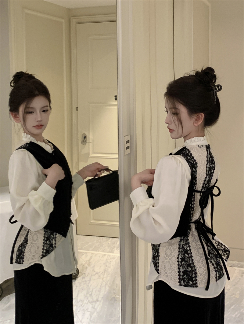 實拍 中世紀浪漫 法式蕾絲拼接馬甲背心收腰綁帶上衣三件套