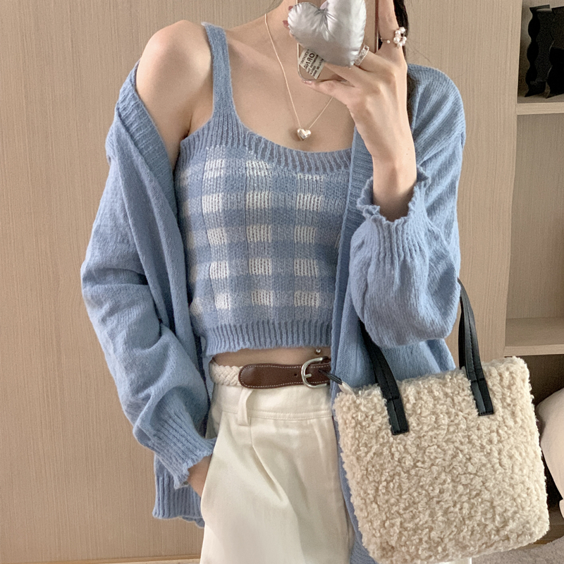 實拍溫柔慵懶風格子吊帶毛衣外套開衫女秋冬針織兩件套韓版上衣